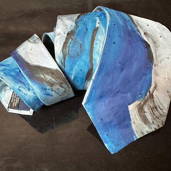 Kenzo Silk Tie Mens Necktie Blue Hand painted Abstract Art Neckwear Upcycle OOAK - Picture 3 of 4